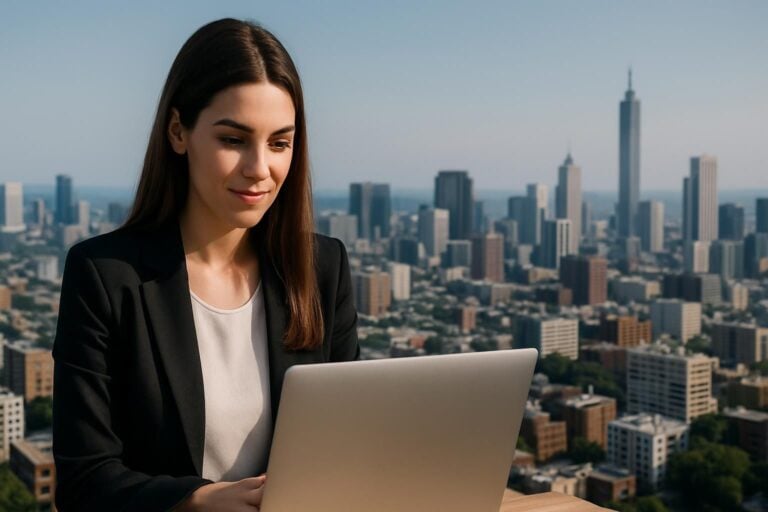 A vibrant skyline of an emerging city, showcasing new hotspots appealing to remote workers shifting focus.