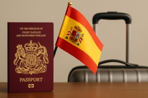 A concerned UK citizen reviewing emergency travel advice for Spain on a smartphone, symbolizing vital information access.