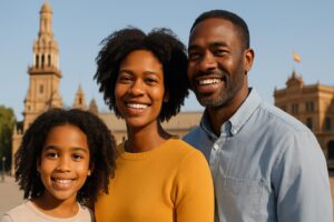 A Black family enjoying a vibrant neighborhood in Spain, exploring the best places for black families to live in the world.