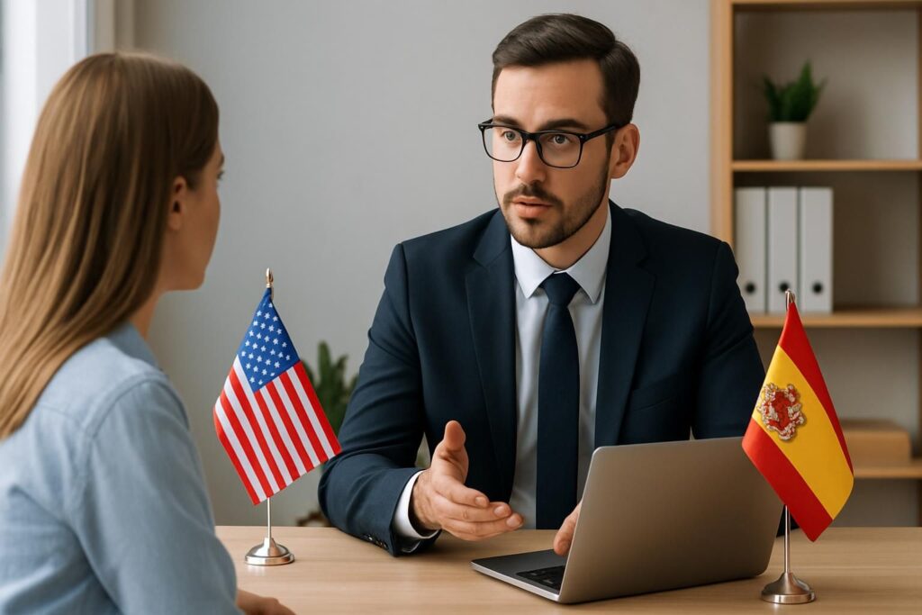 A Spanish immigration lawyer consulting an American citizen in an office, embodying free consultation for immigration needs.