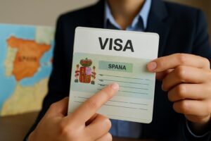 A young professional in a suit stands in front of the Spanish flag, representing understanding the job seeker visa in Spain for opportunities.