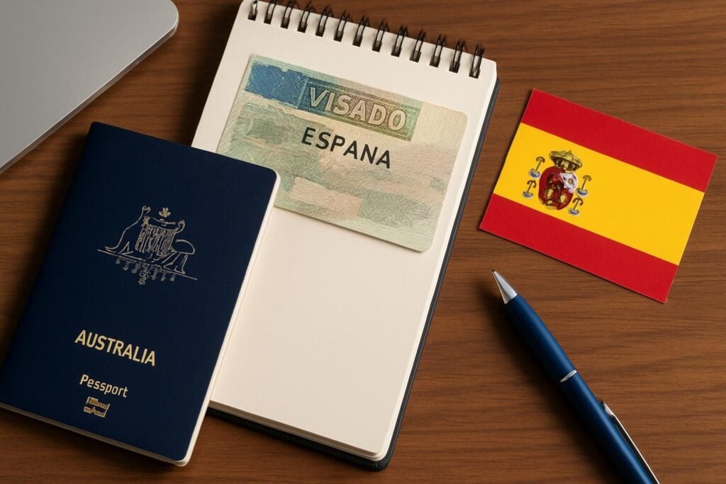 A photorealistic image of a Spanish visa application form with a passport and Australian flag, illustrating how to apply for Spain visa.