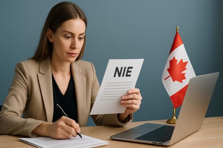 Photorealistic image of a person reviewing NIE renewal documents for Canada, illustrating the process to renew NIE.
