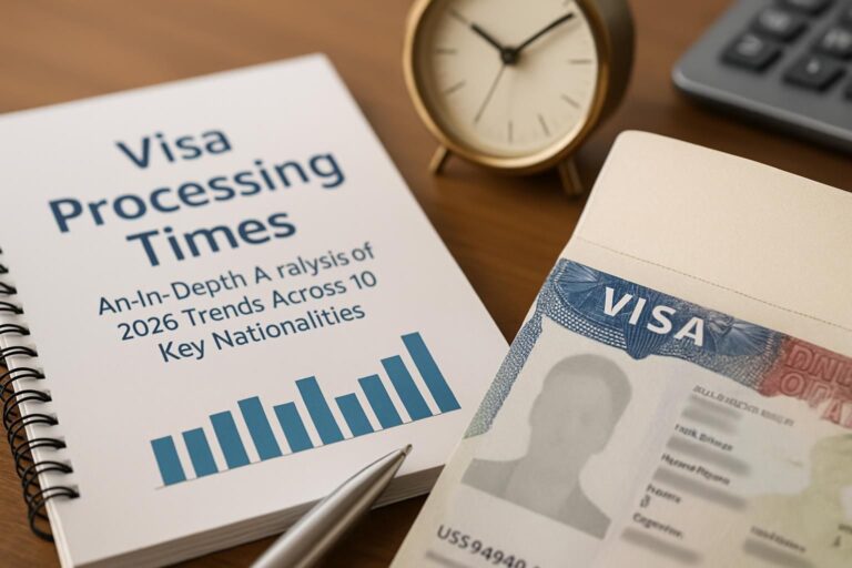 A photorealistic illustration of diverse applicants tracking their visa processing times across different countries.